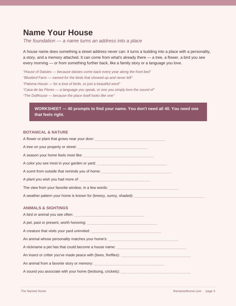 A page of the Home Brand Kit workbook showing naming prompts with fill-in lines